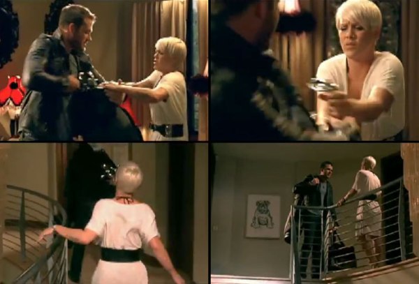 Still frames from Pink's "Please Don't Leave Me" music video