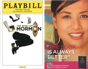 A playbill for The Book of Mormon with an advertisement from the Mormon church next to it.
